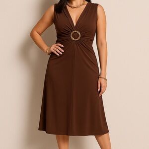 Candie’s Brown Sleeveless Ring Detail Midi Dress L Glam Mob Wife Cocktail Party